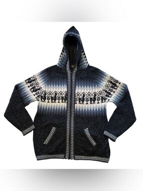 Vintage Peruvian Alpaca Hooded Sweater Jacket Blue Gray Llama Zip Up Mens S￼